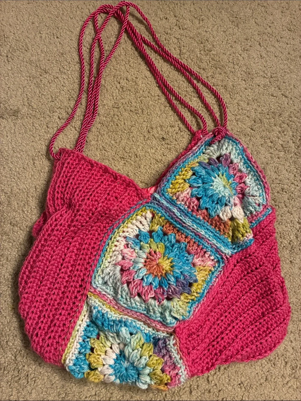 Multicolor Granny Squares Pink Crochet Knit Boho Bag